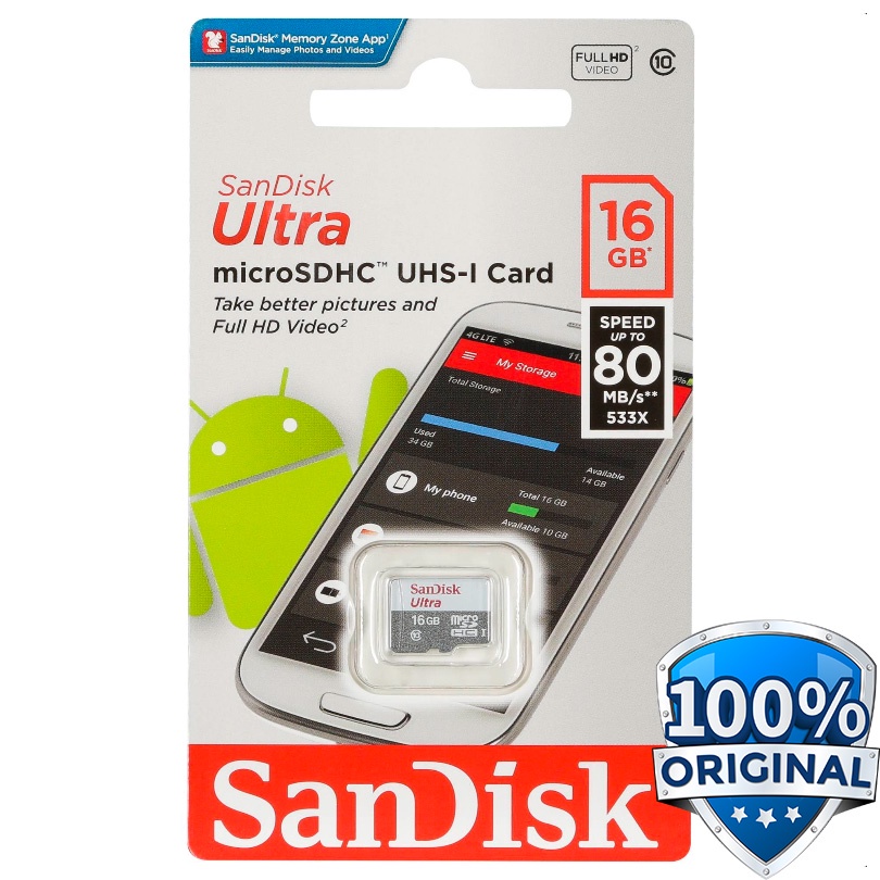 SanDisk Ultra microSDHC Card UHS-I Class 10 (80MB/s) 16GB