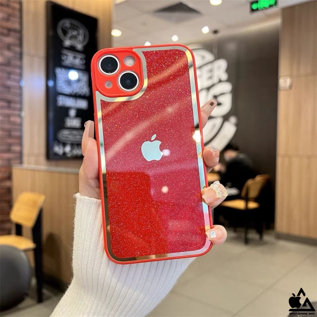 Glass Case Candy Gliter List Chrome iPhone 13 PRO MAX 12 PRO MAX Mini 11 PRO MAX XR XS MAX 7 7+ 8 8+ SE 2 3 TEMPERED GLASS CASE List Gold SOFTCASE SILIKON CANDY MEWAH