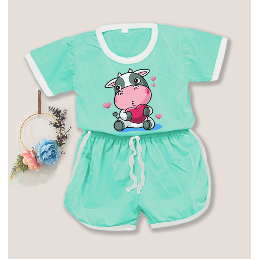 Setelan Baju Playful Colour Anak Karakter Cow / Setelan Anak Unisex Usia 1-5 tahun