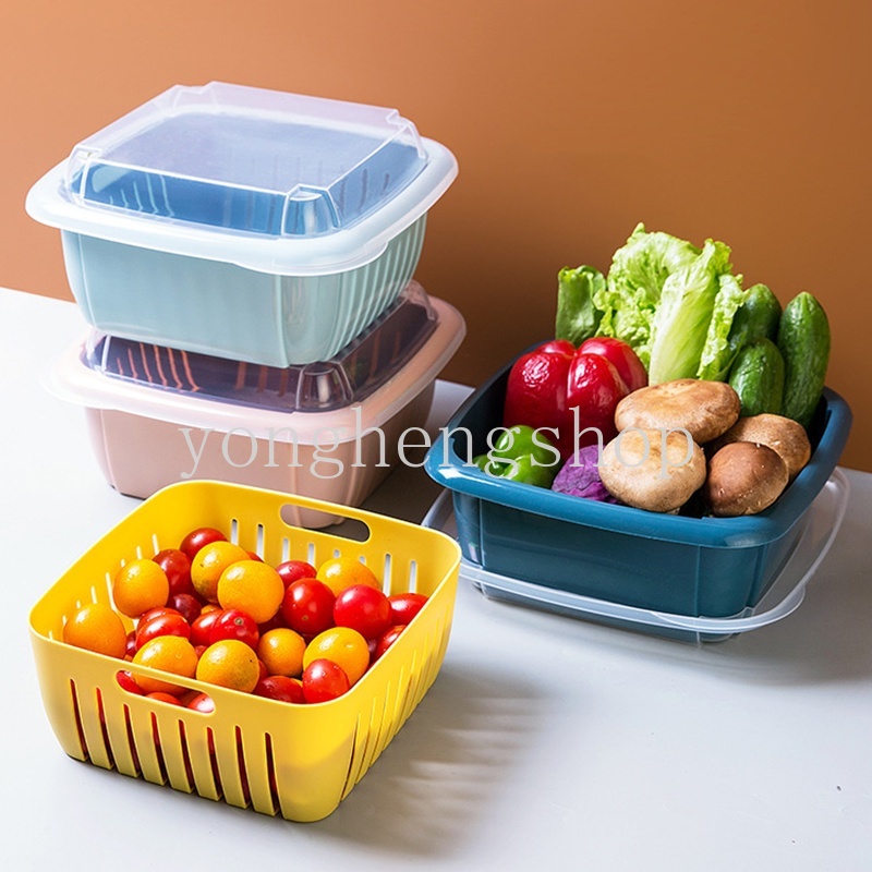 Keranjang Penyimpanan Buah Sayuran Lapisan Ganda Dengan Penutup Untuk Kulkas Dapur