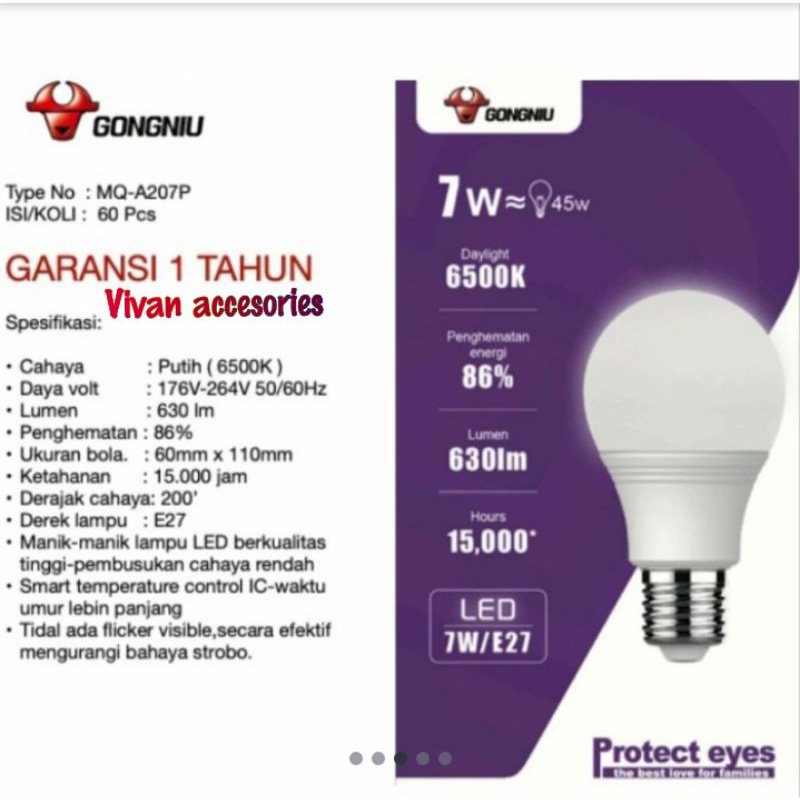 Goneo Lampu LED GONGNIU Bohlam 7watt 6500K E27 putih garansi