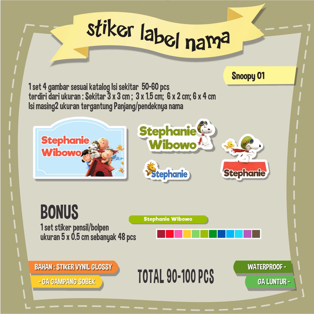 

stiker label nama waterproof snoopy 100 pcs