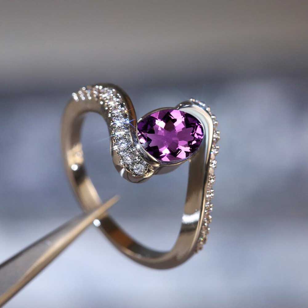 Cincin S925 Perak Sterling Lonjong Ungu Zirkon Berlian Batu Asli Pernikahan Ring Perhiasan Fashion
