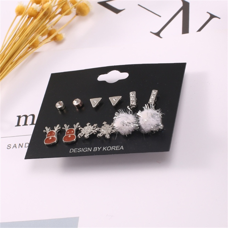 6 Pasang Anting Stud Desain Rusa Snowflake Natal Untuk Wanita