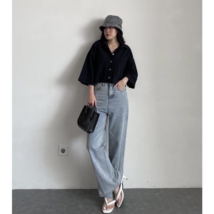 Kemeja Basic Crop Linen Pocket - Oversized Shirt Linen - Outer Crop Linen - Atasan Wanita Fashion Wanita Termurah &amp; Terlaris