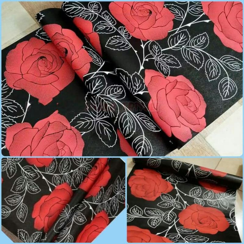 ( BELI 4 GRATIS 2 )Terlaris Wallpaper Sticker Wallpaper Dinding Ruang Tamu Motif Polos | Putih Salur Bunga | Cream | Abu Ungu Kuning Hijau Coklat Merah Pink Biru Batik Bunga Kembang Batu Bata 3D Kotak Segitiga Minimalis Garis Emas Tua Muda Murah-Hitam Bunga Merah