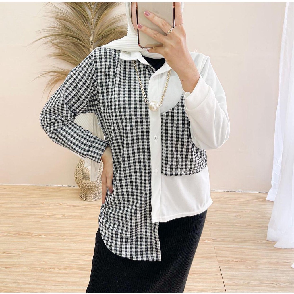 1KG MUAT 5PCS | OMMY CUBI BLOUSE MONOCHROME TARTAN COMBI KOREAN STYLE HITS OOTD SELEBGRAM FASHION