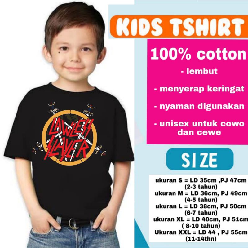 KAOS ANAK LAWLESS X SLAYER KAOS BAJU BAND METAL T-SHIRT KIDS BAJU ANAK UMUR 1 - 12 TAHUN USIA 1 2 3 
