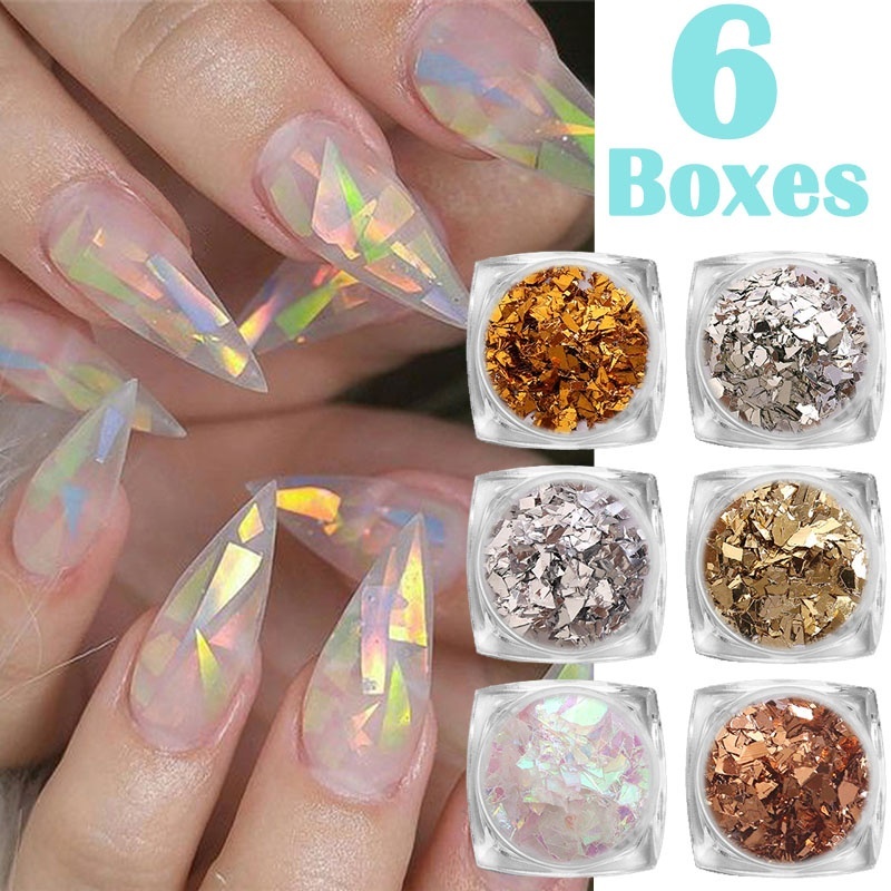 [ILOVEDIY] 6 Pcs / Set Stiker Payet Glitter Campuran 3d Untuk Dekorasi Nail Art Manicure