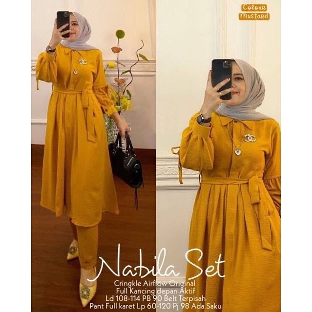 Nabila Set / Baju Setelan Wanita Muslim Kekinian Tunik Dan Celana Matt Crinkle Kancing Hidup / Fashion Muslimah / GOM