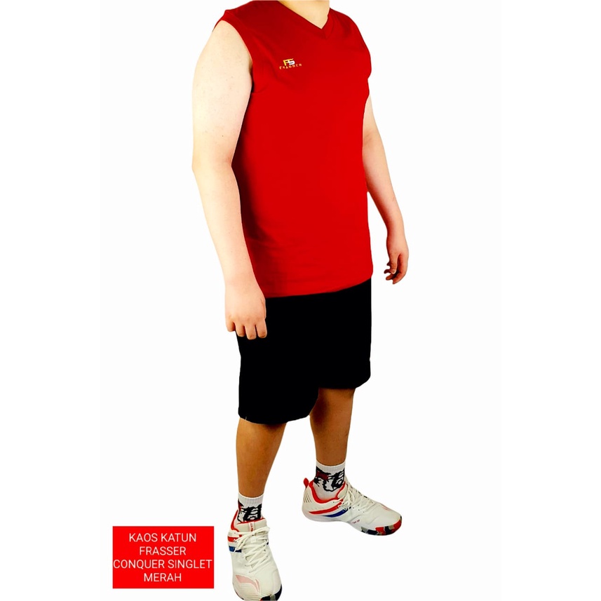 Frasser Kaos Singlet Kutungan Crop Top Tank Top Olahraga Frasser Conquer Merah Katun