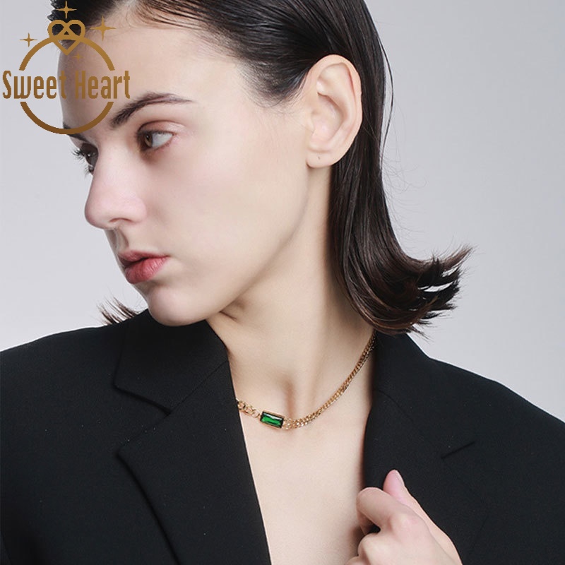 Kalung Rantai Klavikula Hias Batu Permata Hijau Model Lapis Ganda Gaya Retro