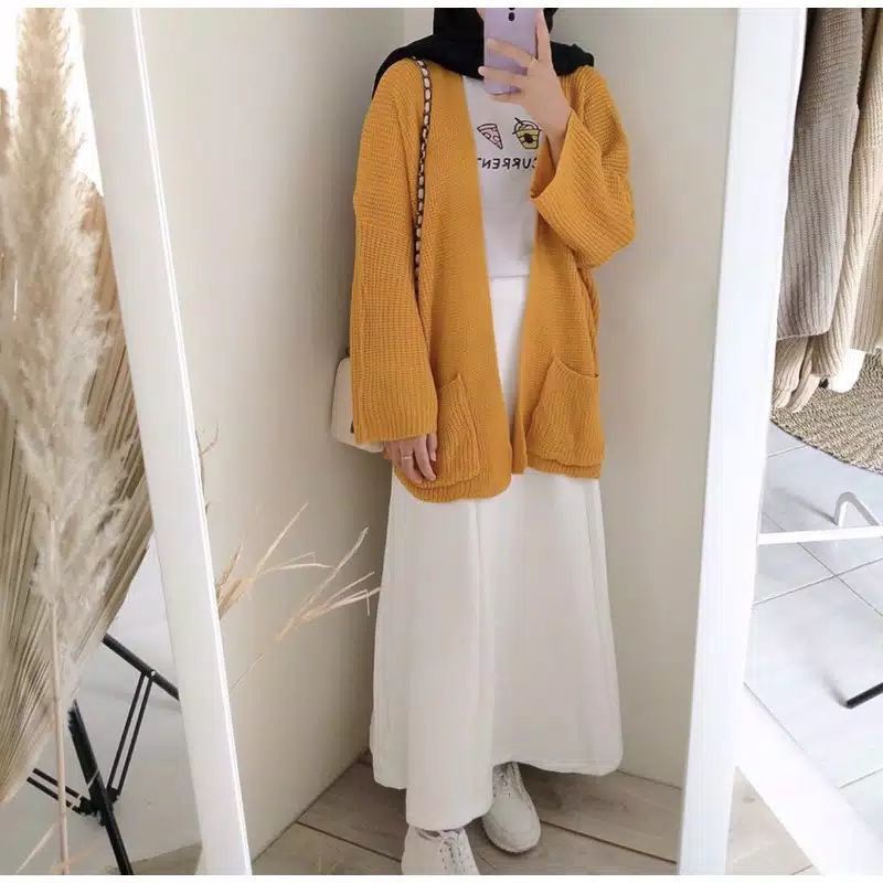 Termurah Diskon Promo Loocy Pocket Jaket Rajut Saku Lavella | Cardygan Oversize Premium Tebal 7 Get-Mustard