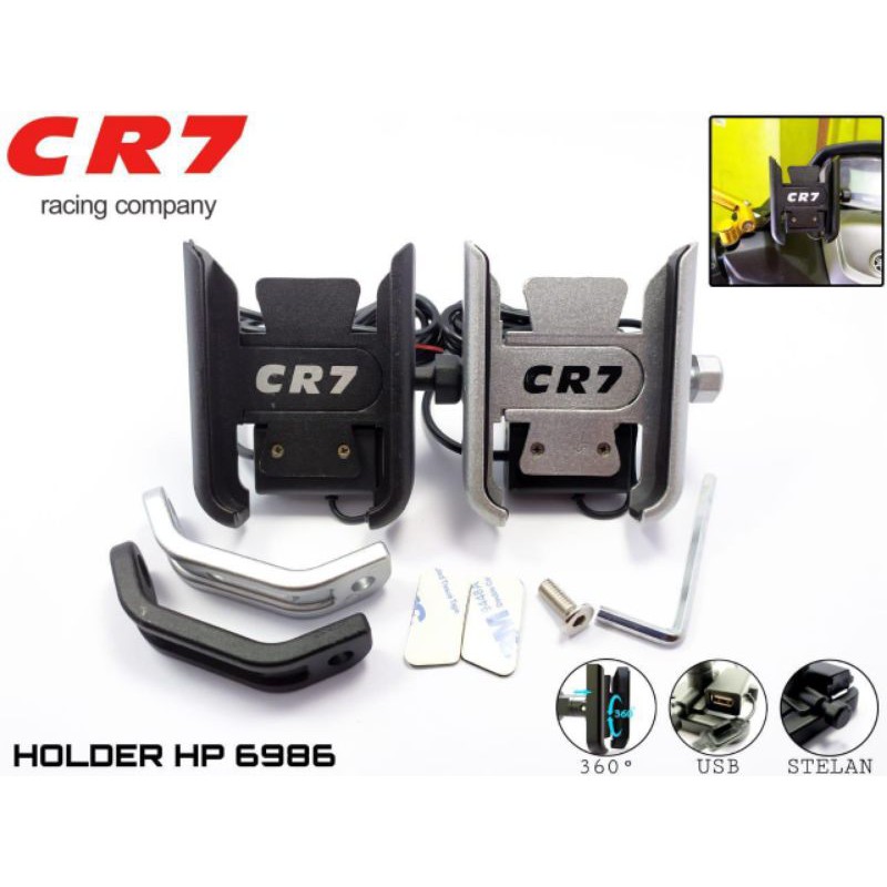 Phone Holder Hp Spion Stang Motor Stand Handphone Bahan Full Besi Babet Honda Yamaha + USB Charger