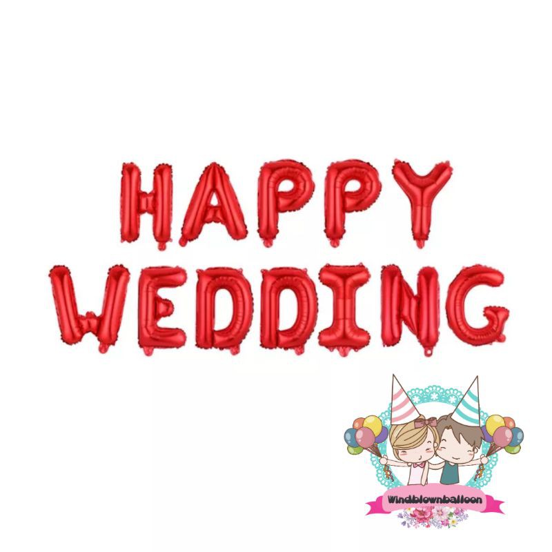 WINDBLOWN BALON FOIL HAPPY WEDDING RED / DEKORASI KAMAR PENGANTIN & ANNIVERSARY PERNIKAHAN
