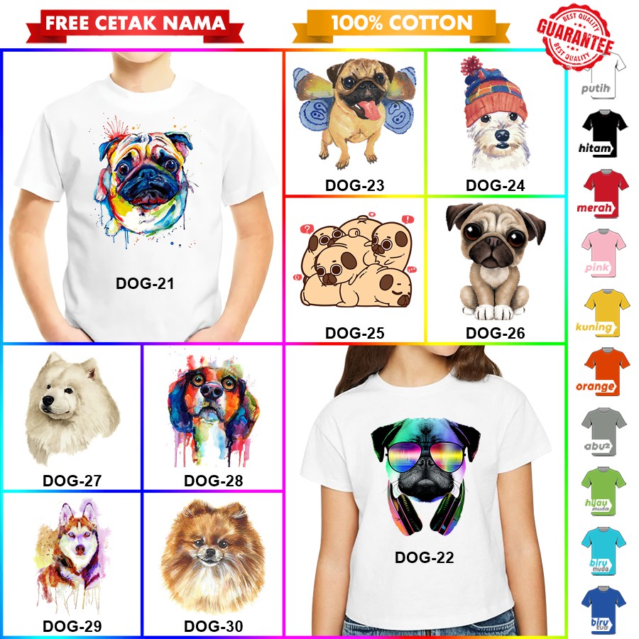 [FREE NAMA!!] Baju Kaos ANAK DAN DEWASA MOTIF ANJING DOG BANYAK MOTIF