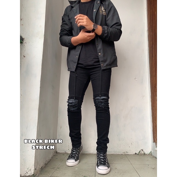 Celana Jeans Sobek Biker Pria Snow Black Jazz Ripped Strech Original Sobek Rucas Dengkul Korean Style Terbaru