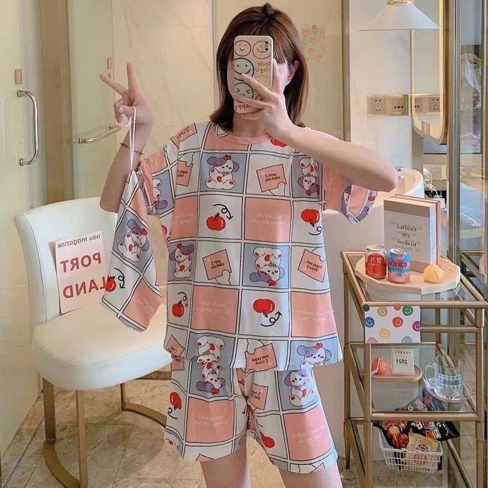 Piyama Baju Tidur Import Wanita Fashion Sleepwear Spandex Stelan Rumah Baju Santai Celana Pendek z-POUCH-Dog Kotak