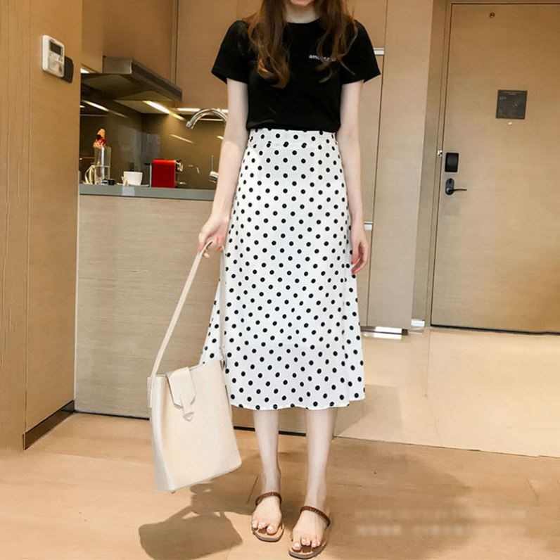 Korean Midi skirt polkadot Rok span Gaya korea Rok hitam