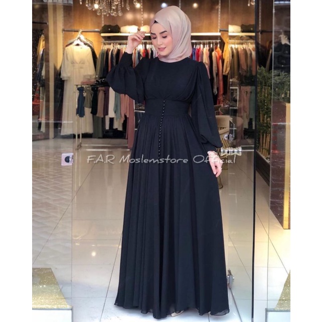 YASMINE DRESS CERUTY BABYDOLL APLIKASI MUTIARA/FASHION WANITA MUSLIM TERLARIS FULL FURRING/FASHION MUSLIM WANITA/FAR MOSLEMSTORE