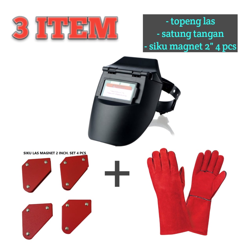 PAKET KEDOK LAS TOPENG LAS OTOMATIS AUTO DARKENING DAN SIKU MAGNET LAS SET 4 PCS + SARUNG TANGN LAS KULIT MERAH