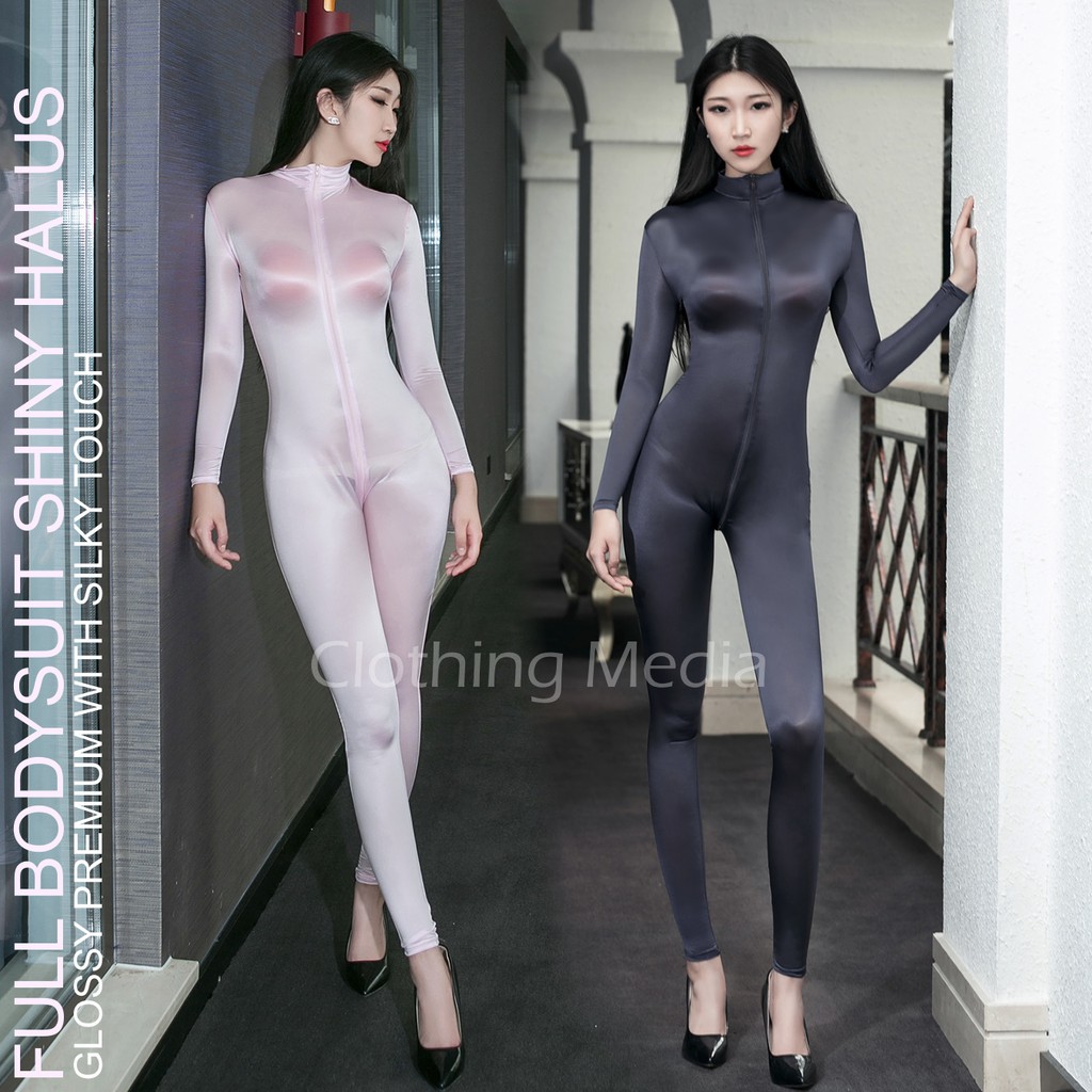 Full Bodysuit Shiny Premium Silky Halus Jumpsuit Glossy Transparan Zipper