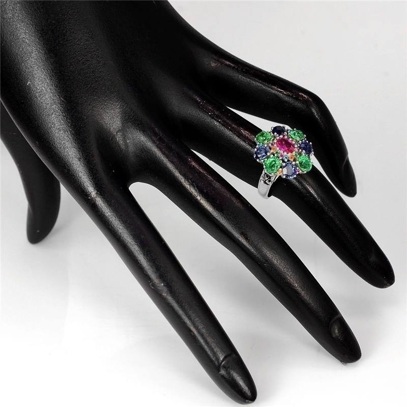 SeuSuk Fashion Floral Exquisite Colorful Oval Cut 6.88CT Tanzanite Diopside Ring