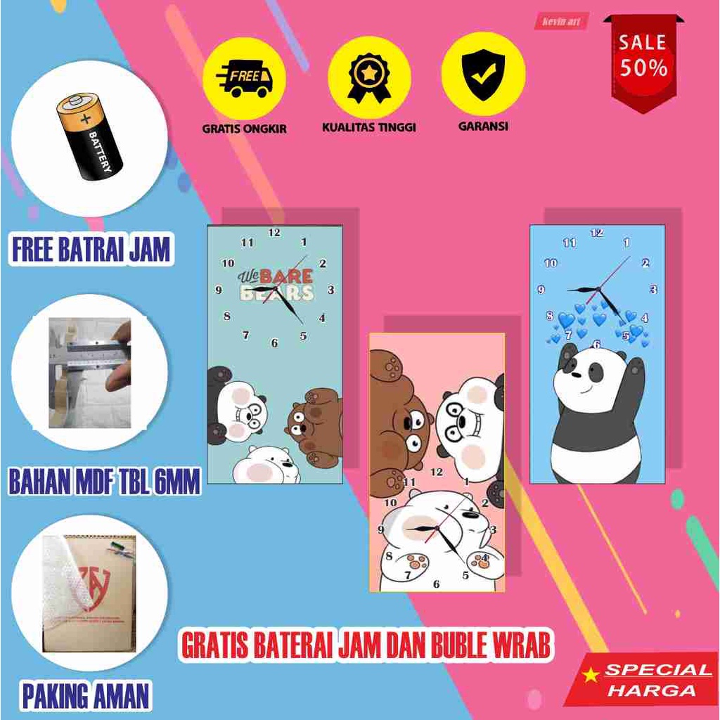 Jam dinding Wall Clock Minimalis Modern Elegan Dekorasi Hadiah Kado ulang tahun Murah Biru Pink Karakter Panda Beruang Lucu Unik Koleksi Terbaru