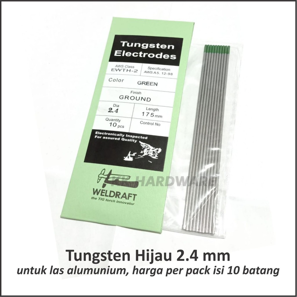 Tungsten Rod Kawat Jarum Las Argon 2.4 mm Hijau Untuk Las Aluminium Argon Welding