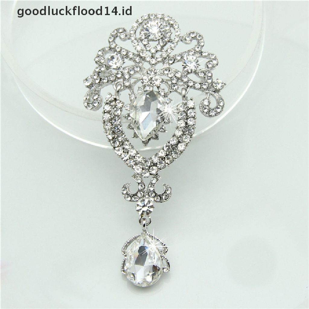 [OOID] Silver Large Flower Bridal Brooch Rhinestone Crystal Diamante Wedding Broach Pin ID