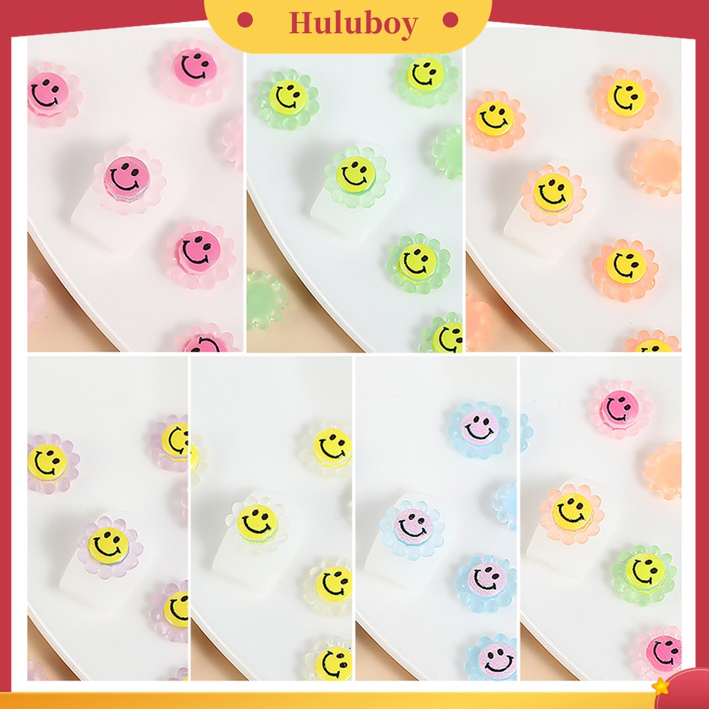 Huluboy Huluboy♡ 30pcs / Kantong Dekorasi Kuku Jari Bahan Resin Motif Smiley Sunflower Untuk Aksesoris Nail Art