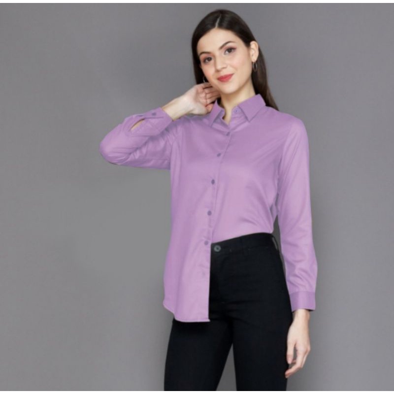 Kemeja Wanita Katun Rayon Hitam Lengan Panjang Blouse Casual Polos Monalisa Kekinian Baju Cewek-Lilac