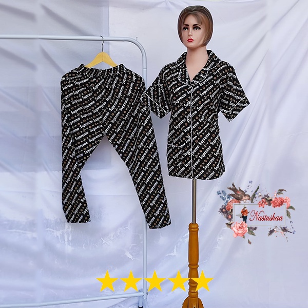 BAJU TIDUR PIYAMA PAJAMAS SETELAN DEWASA WANITA MOTIF BRANDED BAHAN KATUN JEPANG BABYDOLL KANCING DEPAN BUSUI FRIENDLY LENGAN PENDEK CELANA PANJANG ALL SIZE