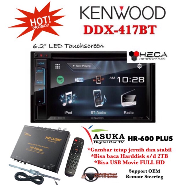 PAKET PROMO Kenwood DDX-417BT Head Unit DDX 417 BT Tape Double Din & ASUKA HR-600 TV Tuner Digital