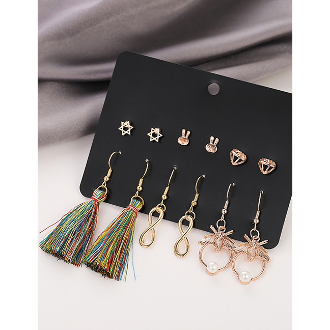 LRC Anting Set Fashion Color Mixing Tassel Bee Pearl Rabbit Geometric Earring Set K09660