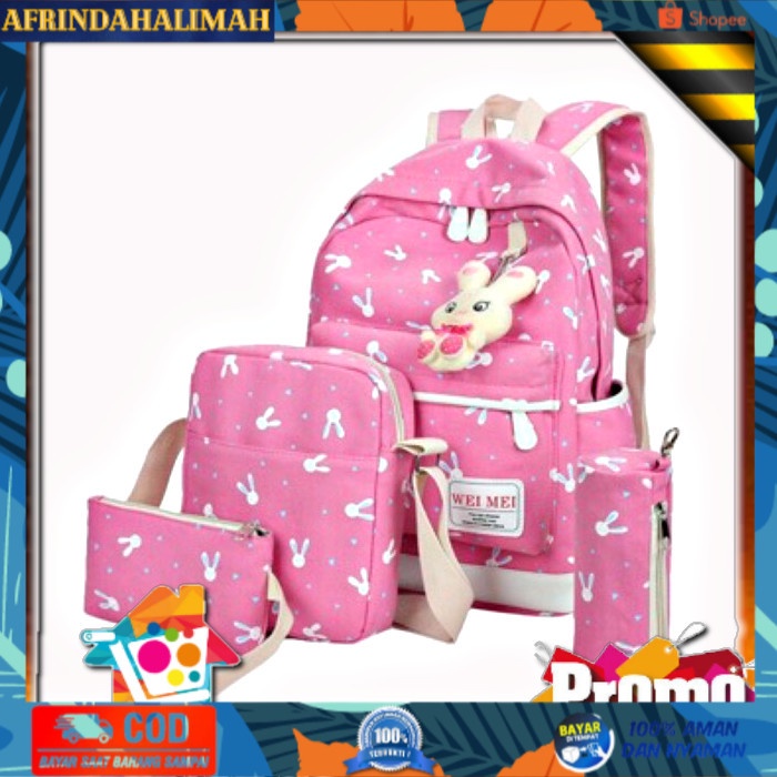 

[TERBARU] 1 SET Tas Ransel Sekolah Anak SD SMP SMA Model Terbaru 2019 Cute Rabit - Merah Muda