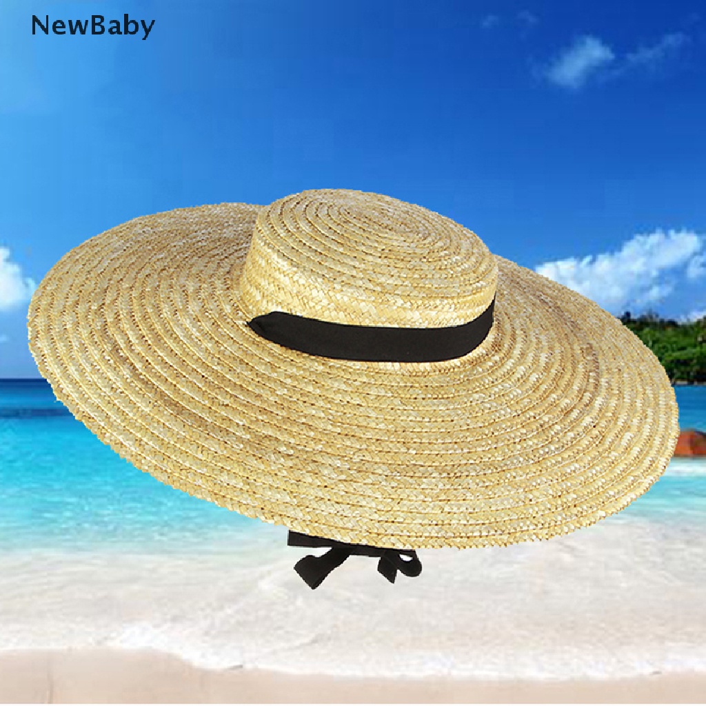 Topi Jerami Wanita Pinggiran Lebar Aksen Pita Panjang Untuk Musim Panaspantai