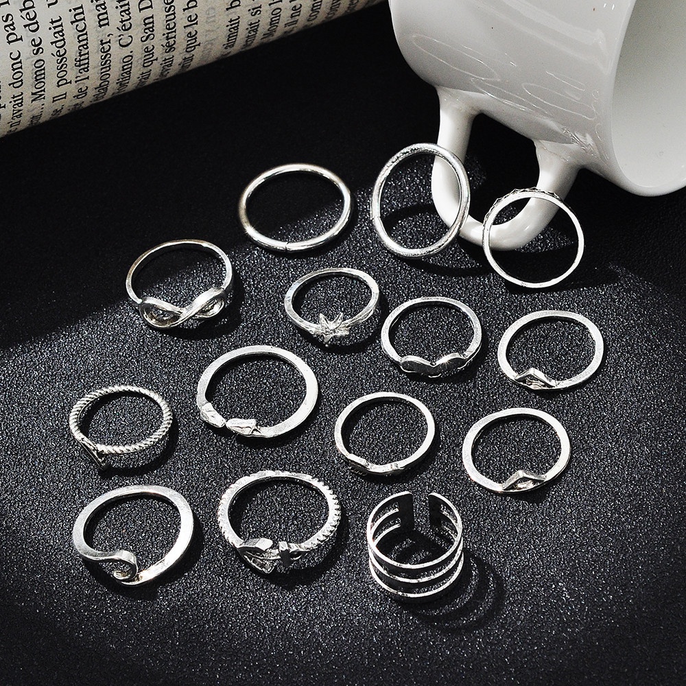 14 pcs Sederhana dan Modis Retro Gaya Bohemian Cincin Perak Antik Set 14-piece Set untuk Wanita