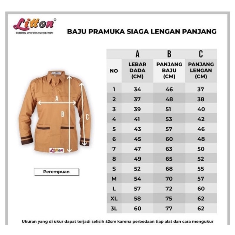 Seragam Pramuka Siaga lengan Panjang 2-XL Litton katun / hem coklat sekolah