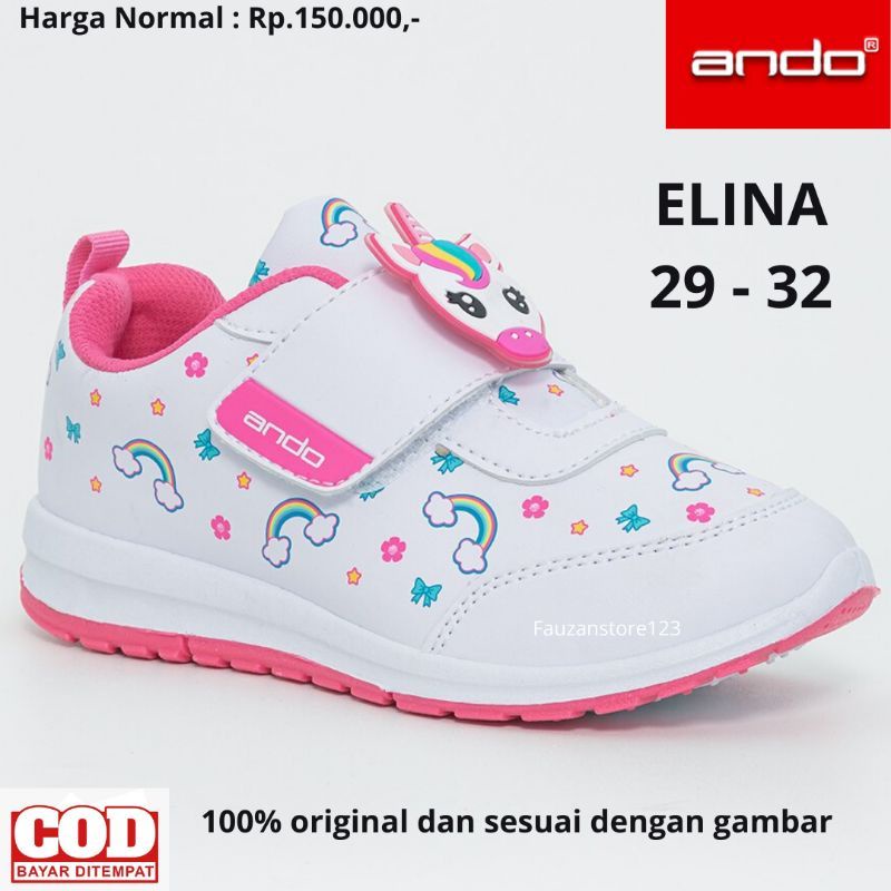 SEPATU ANAK PEREMPUAN ANDO ELINA PEREKAT PUTIH PINK KARAKTER KUDA PONI SEKOLAH PAUD TK PESTA SD ORIGINAL