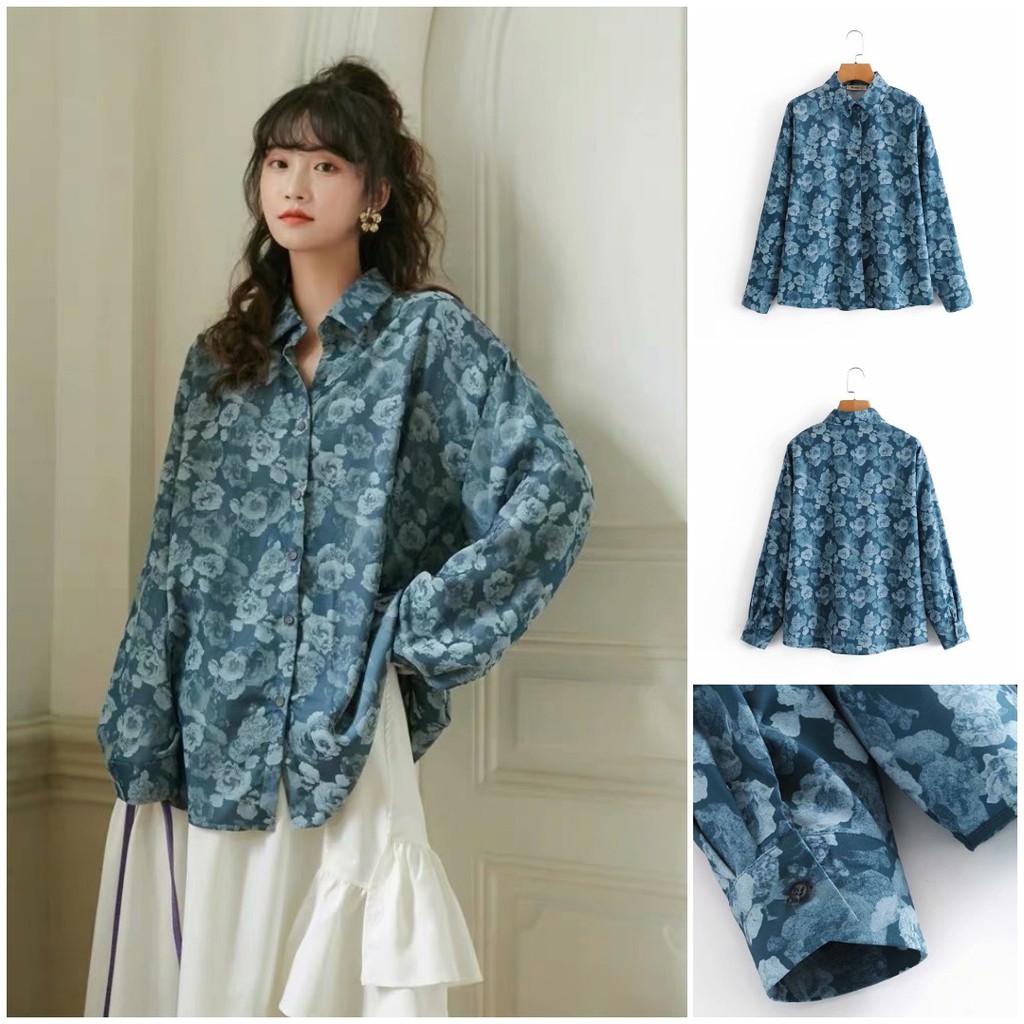 KEMEJA WANITA WARNA BIRU MOTIF LUKISAN BUNGA KOREA IMPORT PREMIUM VEN9945