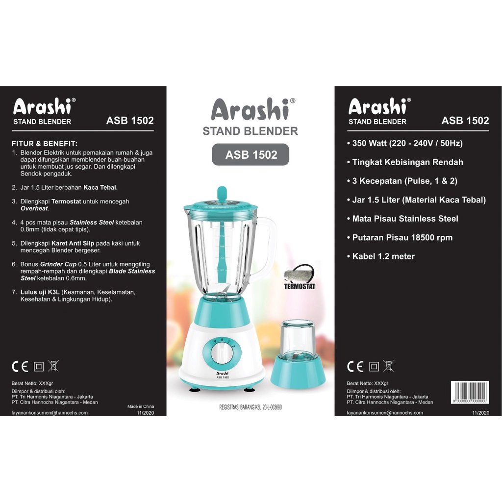 Arashi Stand Blender ASB 1502 Pelumat/ Jar Kaca/ 3 Mode Kecepatan