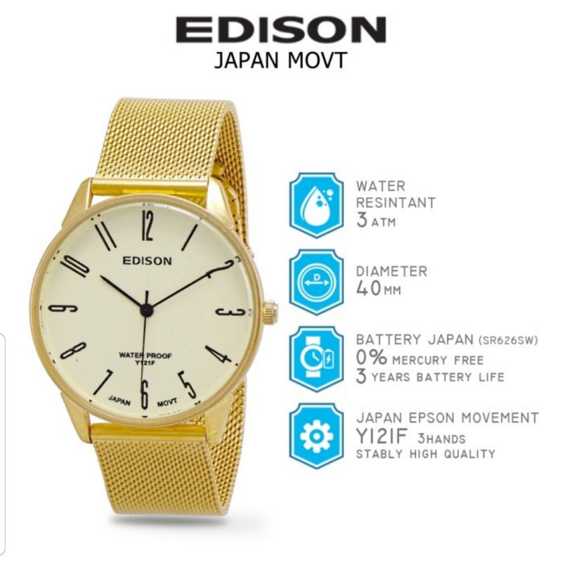 Jam Tangan Edison AR 260R.3 EG Slim Type Waterproof Japan Movement