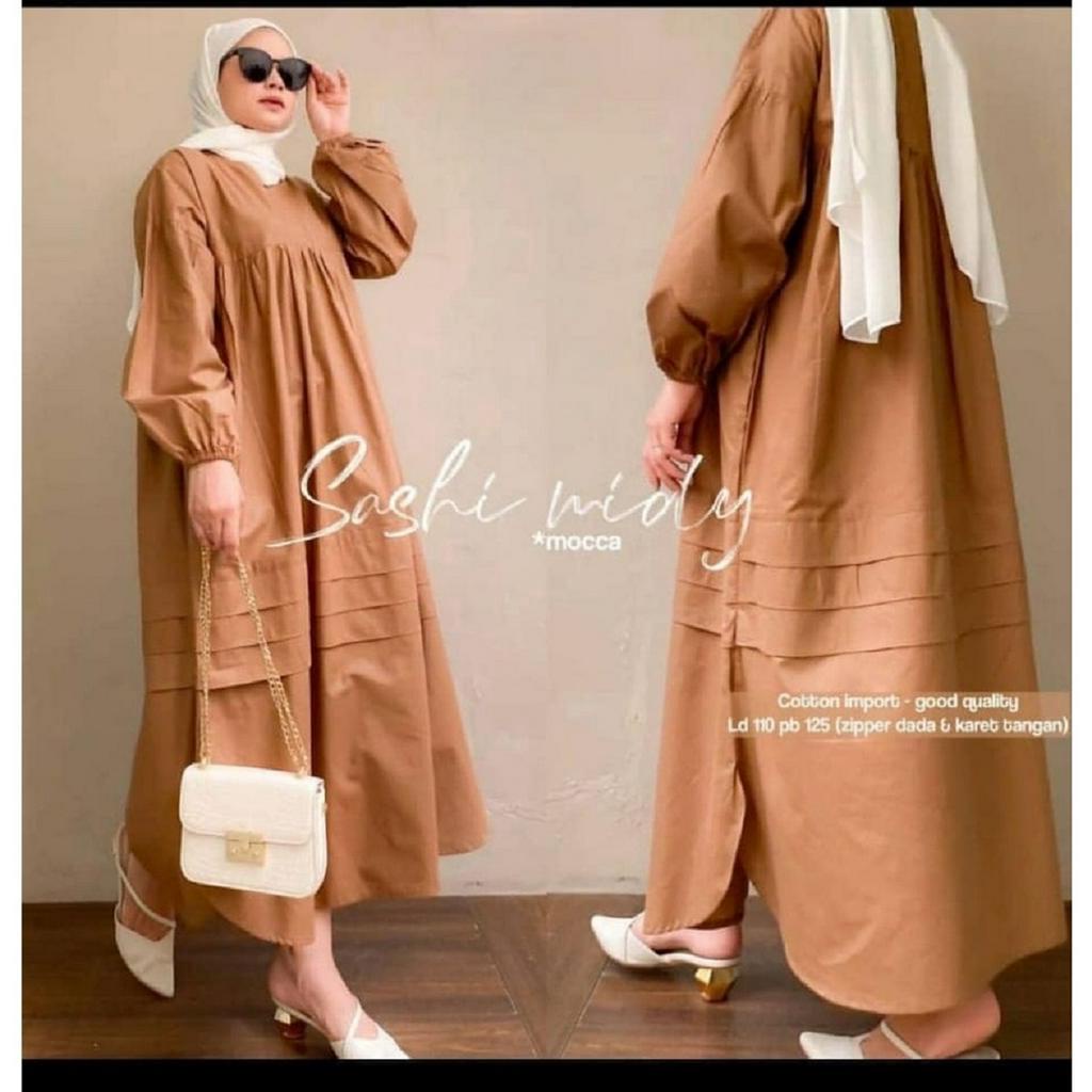 GAMIS MIDI TERBARU SASHI DRESS BAHAN KATUN POLOS UKURAN M L XL XXL LD 100 - 120 CM MIDI DRESS MUSLIM TERBARU 2023 KEKINIAN LONG TUNIK JUMBO MIDI DRESS GAMIS MUSLIM OOTD CASUAL