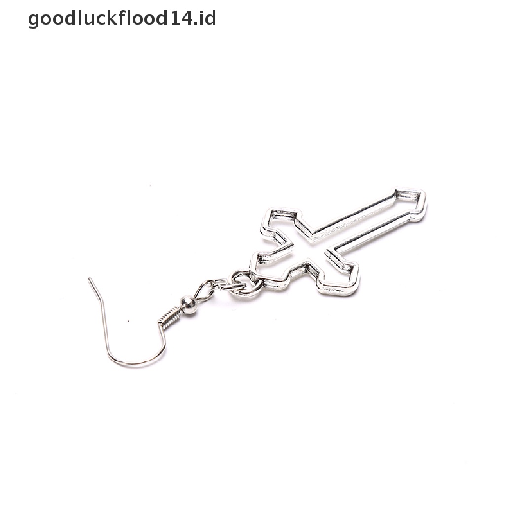 [OOID] Handmade Simple Cool Punk Vintage Silver Color Cross Charms Drop Earrings ID