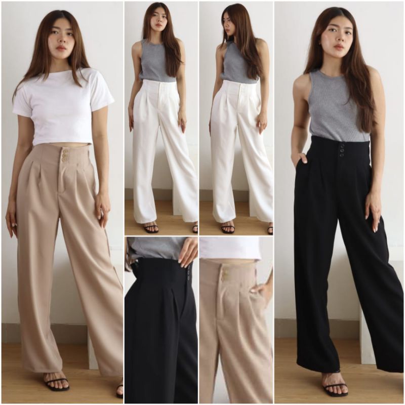 ⚡️CLEARANCE SALE ♡ PREMIUM ♡ ORIGINAL ! CANTAYA HIGH WAIST PLAIN BUTTON LONG CULLOTE  PANTS / CELANA KULOT PANJANG