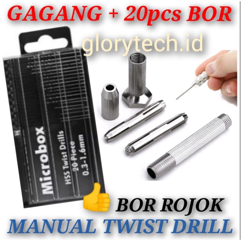 Bor Tangan Manual Mini Hand Drill + 20pcs Mata Bor Micro Box/Bor rojok spuyer Main jet dan Pilot jet
