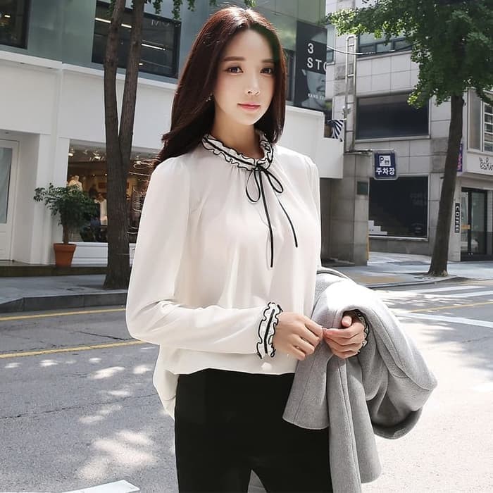 Baju Atasan Wanita Blouse Tangan Panjang Variasi Pita Korean Style