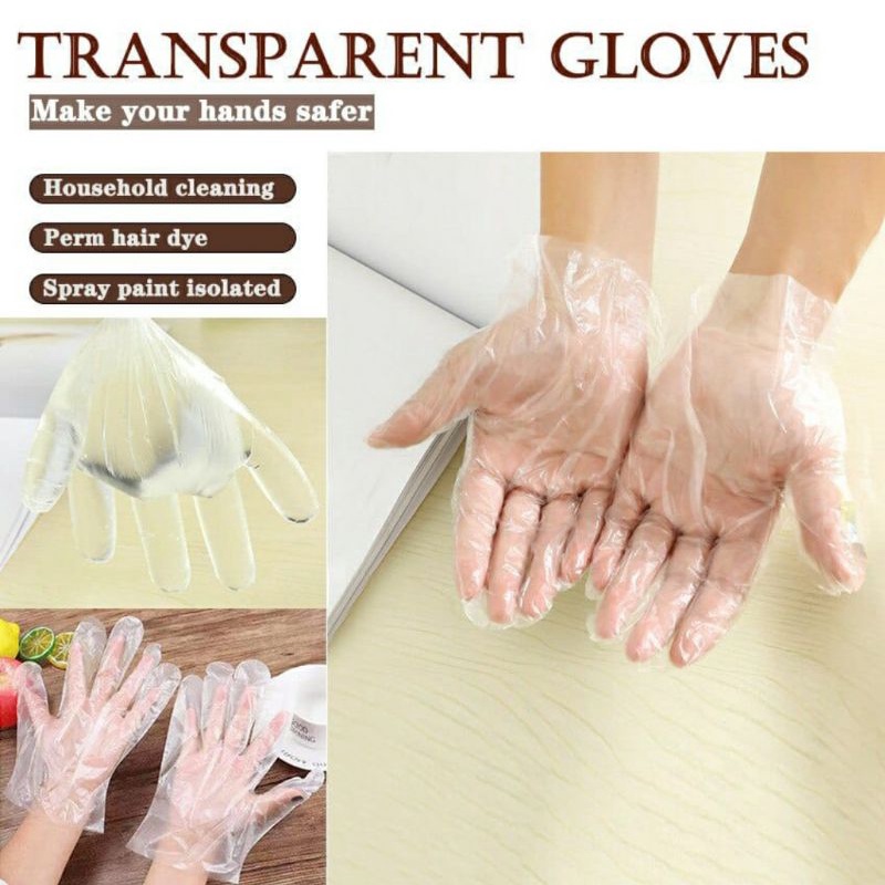 Sarung Tangan Plastik Isi 100Pcs Disposable Plastic Gloves Sekali Pakai Bening Polos Transparent