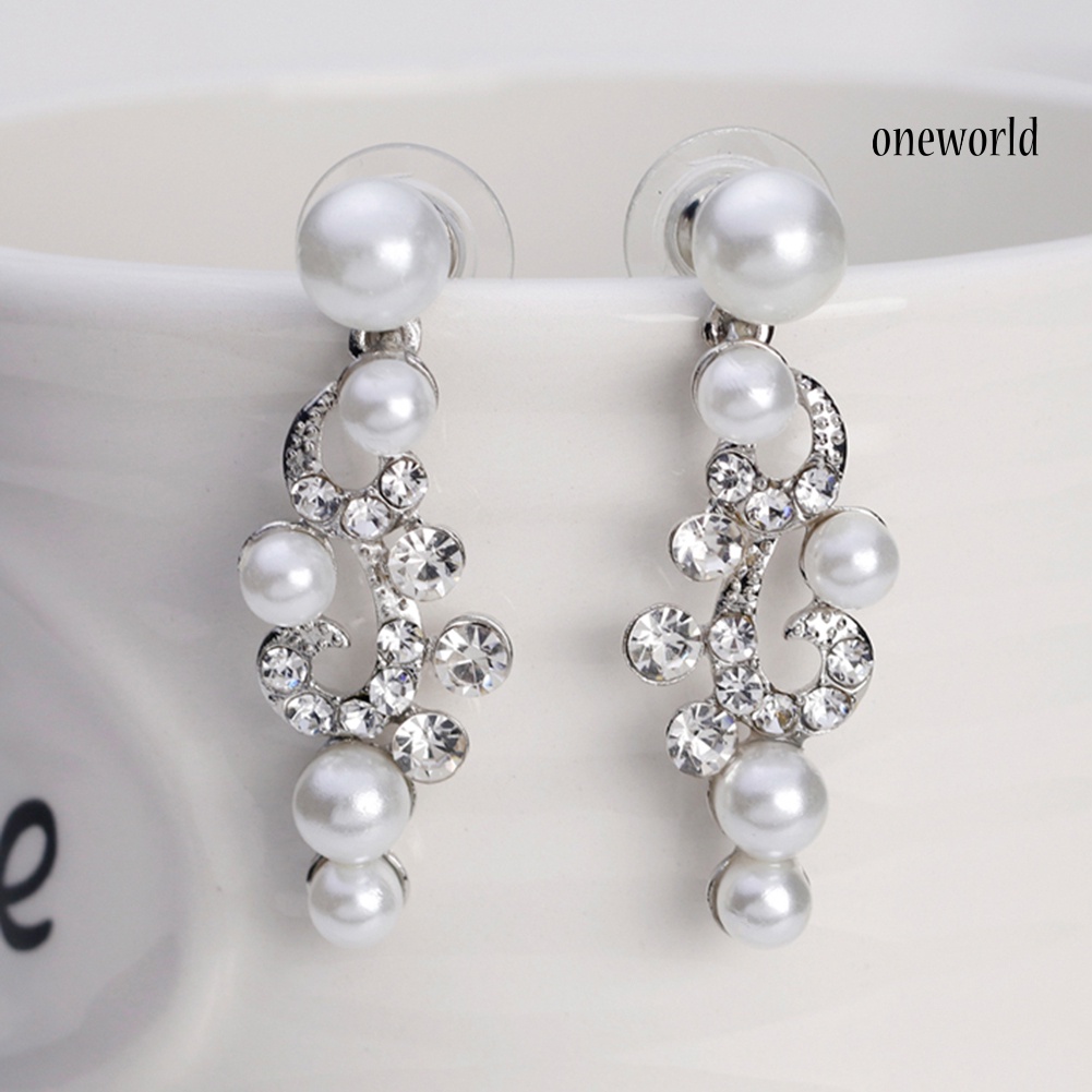 OW@ Fashion Alloy Rhinestone Faux Pearl Necklace Earrings Women Bride Jewelry Set